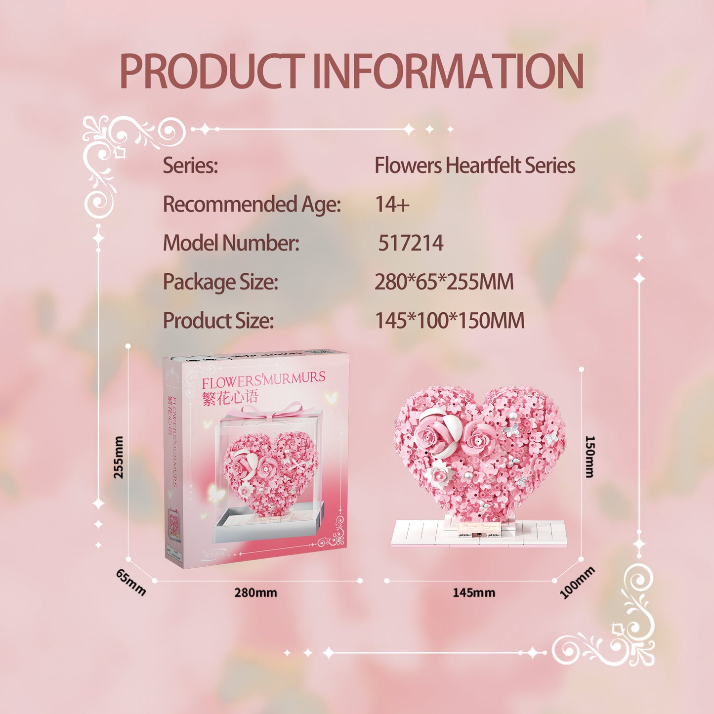 Pink Floral Heart Building Blocks with Clear Gift Box – Romantic DIY Rose Heart Decoration, Valentine’s Day & Anniversary Gift for Her