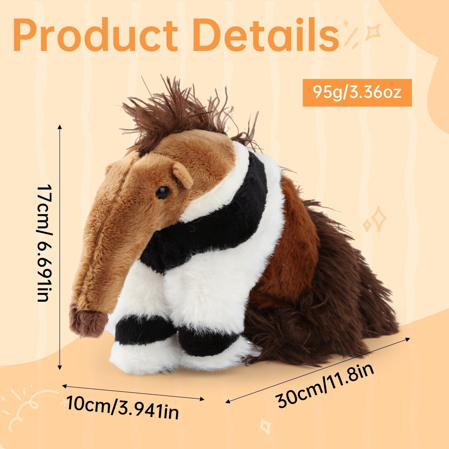 Anteater Plush Toy 10.6" – Soft Lifelike Stuffed Animal with PP Cotton, Cute Coffee Pillow Doll Toy, Washable Huggable Companion for Kids, Teens, Girls, Women, Birthday, Valentine