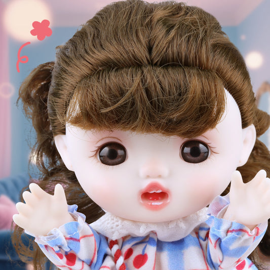TaoTao Kawaii Vinyl Plush Doll 8.6" β Brown Curly Hair Princess with Blue Dress | Collectible Jointed Toy & Emotional Support Gift for Girls, Teens, Friends