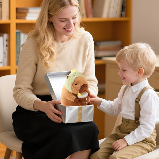 11.8" Kawaii Capybara Plush Toy – Cute Capybara Stuffed Animal with Milk Tea & Dinosaur Headgear, Soft Kapibara Plushie Gift for Kids & Collectors