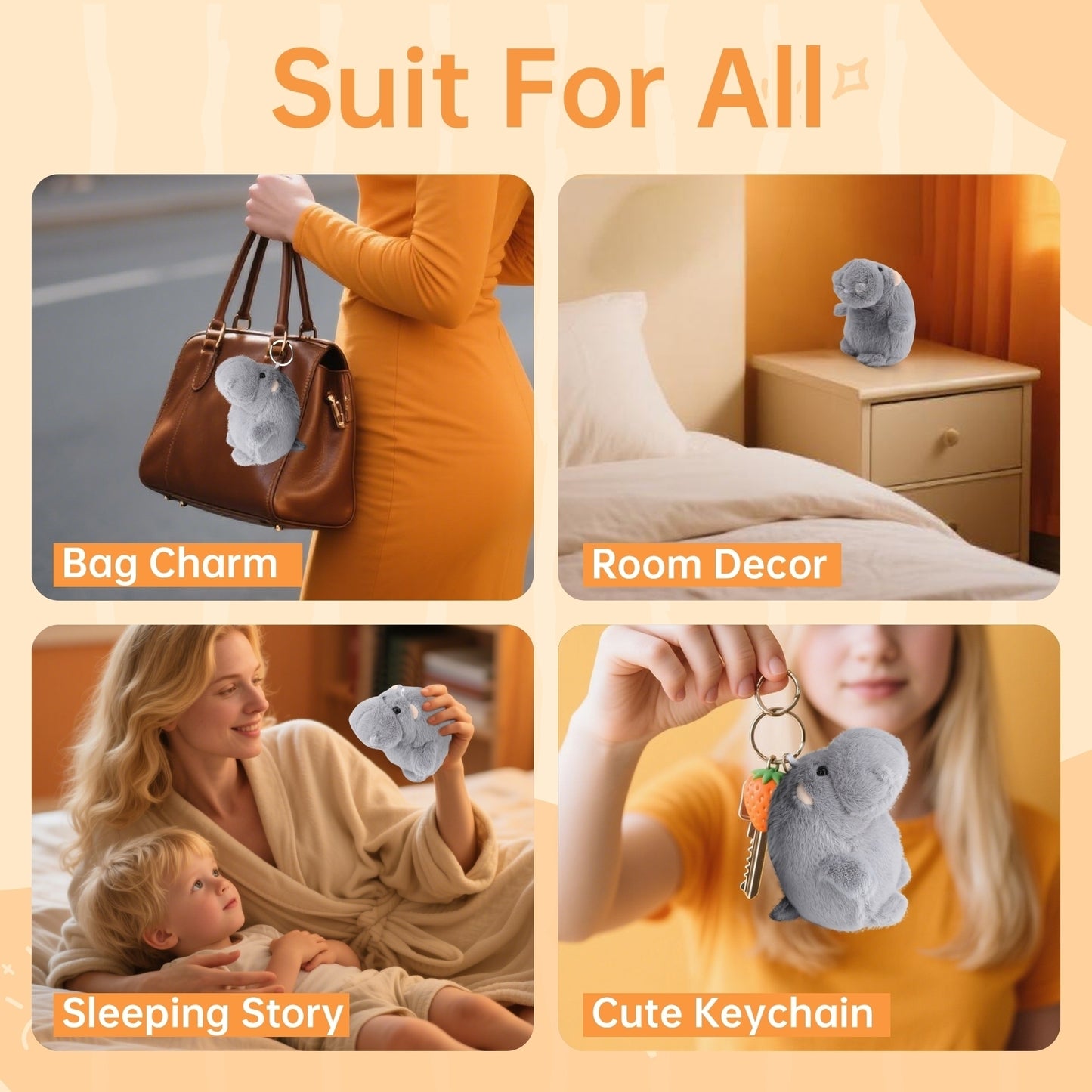 Mini Grey Hippo Plush – Small Soft Stuffed Animal Toy & Cute Bag Charm, Pocket-Size Chubby Hippopotamus Plushie Gift for Kids, Women & Girlfriends