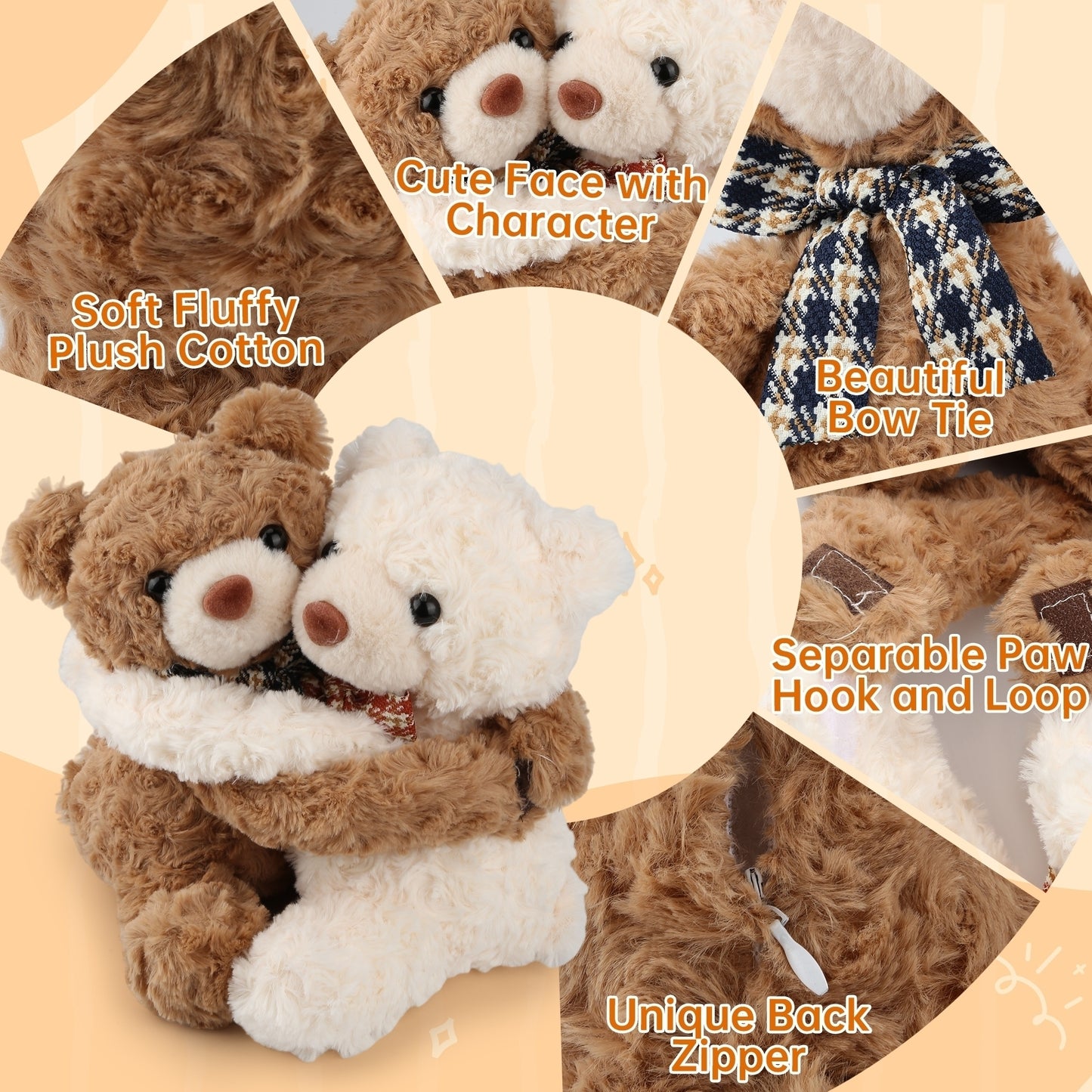 Hugging Teddy Bears – Soft Plush Couple Toys with Hook & Loop Paws, Cute Brown & White Stuffed Animals for Kids, Girlfriend & Home Decor