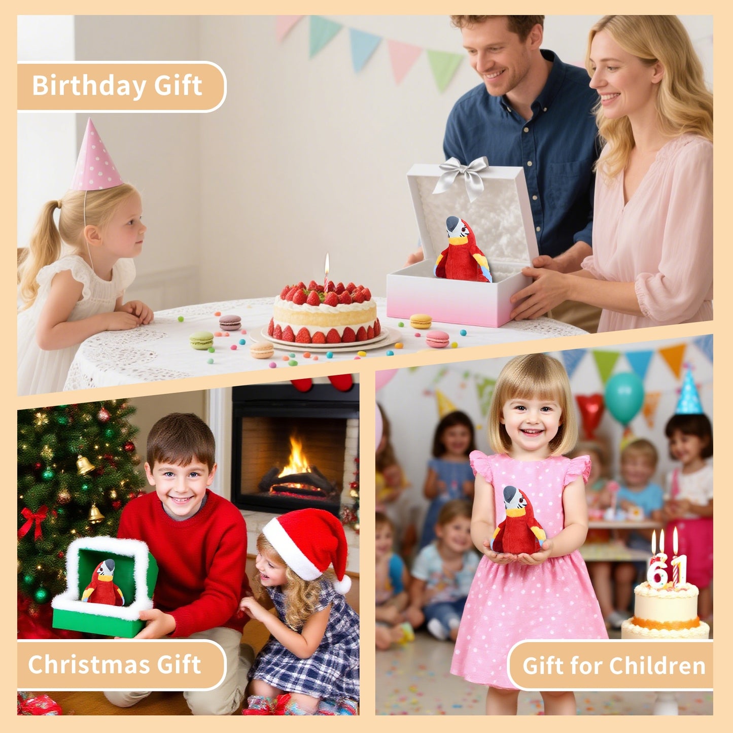 Talking Parrot Toy – Interactive Plush Parrot That Repeats What You Say with Flapping Wings | Funny Recording Talking Bird Stuffed Animal for Toddlers, Kids & Babies – Red