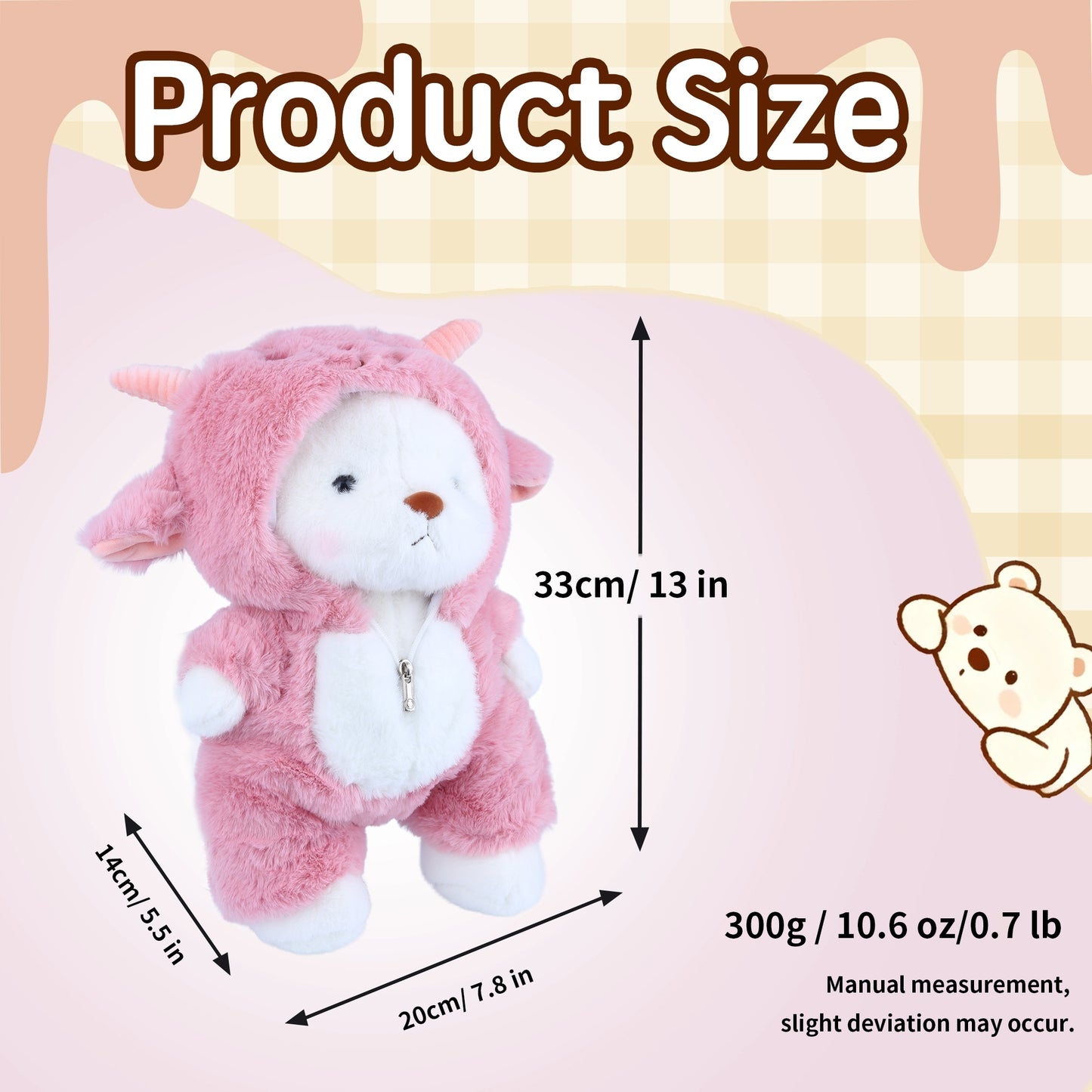 13’’ Pink Lamb Teddy Bear Plush Toy – Soft Stuffed Animal with Removable Hoodie & Movable Legs | Kawaii Emotional Support Plush Gift for Kids, Girls & Loved Ones