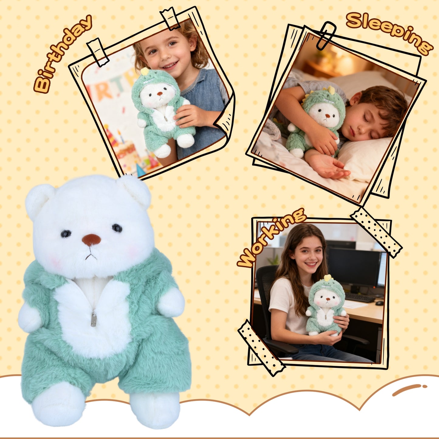 Teddy Bear Stuffed Animal with Removable Dinosaur Hoodie – 13'' Soft Plush Toy with Movable Legs, Cute Emotional Support Teddy Bear Gift for Kids, Girls & Adults