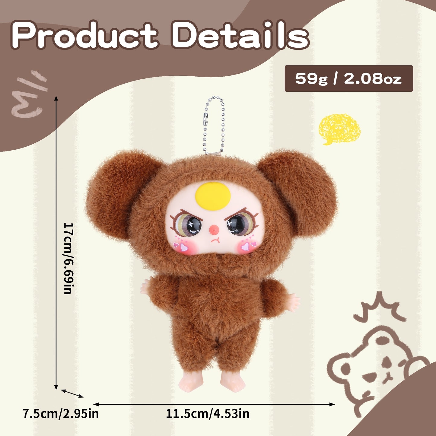 Kawaii Vinyl Plush Bunny Doll – Macaron Brown Cute Stuffed Animal with Vivid Expression, Soft Plush Toy for Collectors, Room & Car Décor, Bag Charm, Perfect Gift for Girls, Boys & Teens