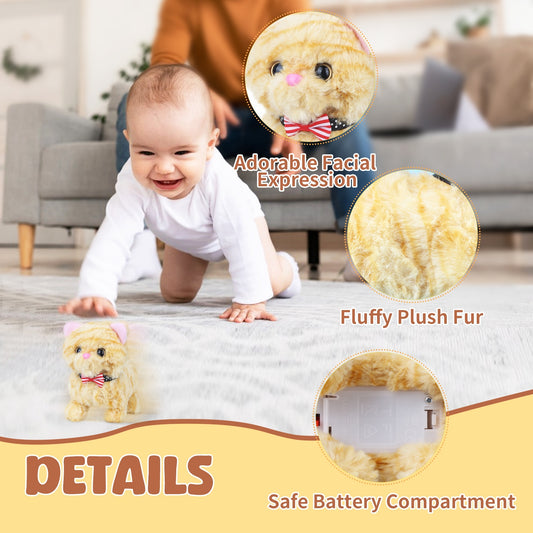 Interactive Walking Kitten Plush Toy β 7.5'' Yellow American Shorthair Cat with Meowing Sounds, Wagging Tail & Head Shaking β Soft Stuffed Animal Gift for Toddlers, Kids, Boys & Girls