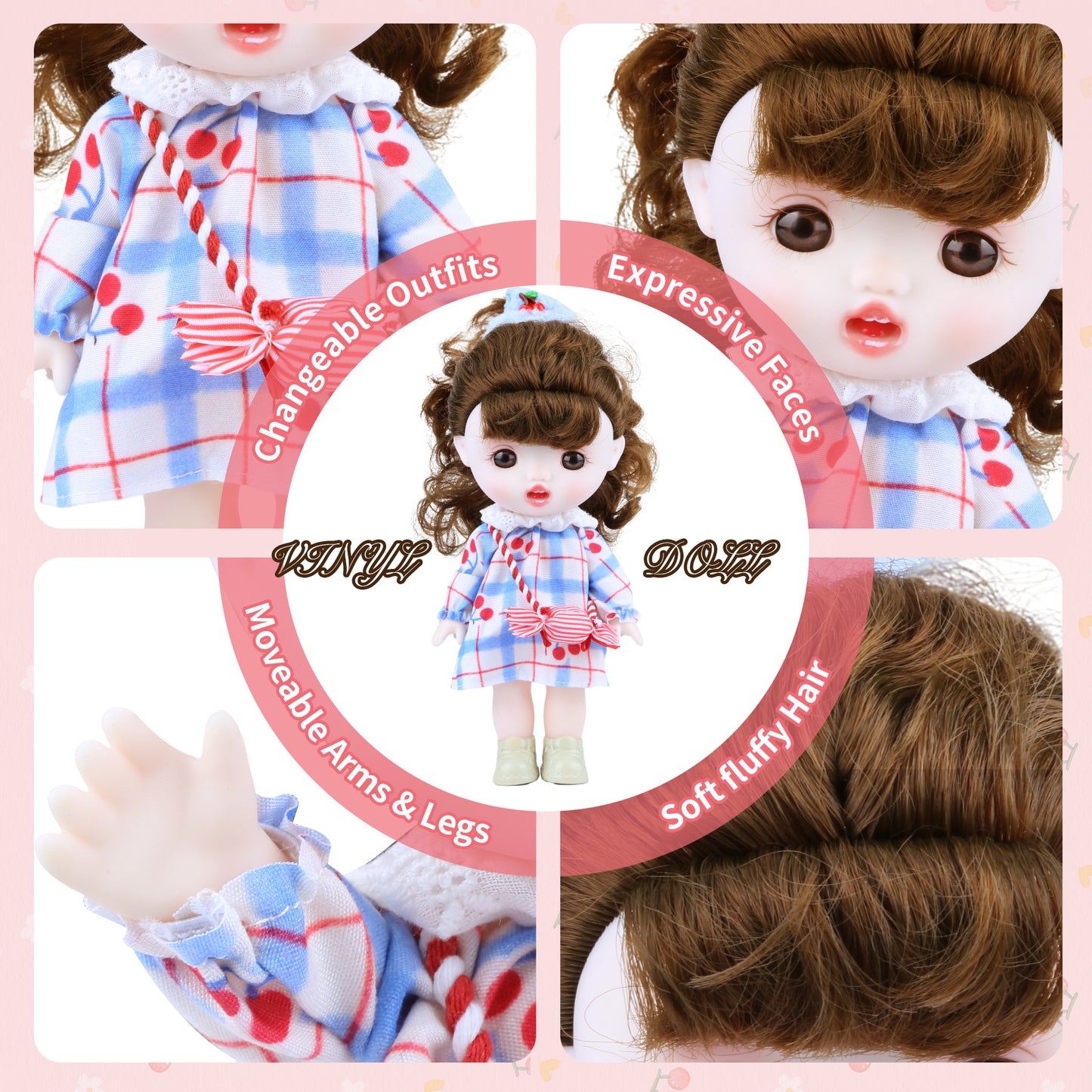 TaoTao Kawaii Vinyl Plush Doll 8.6" – Brown Curly Hair Princess with Blue Dress | Collectible Jointed Toy & Emotional Support Gift for Girls, Teens, Friends