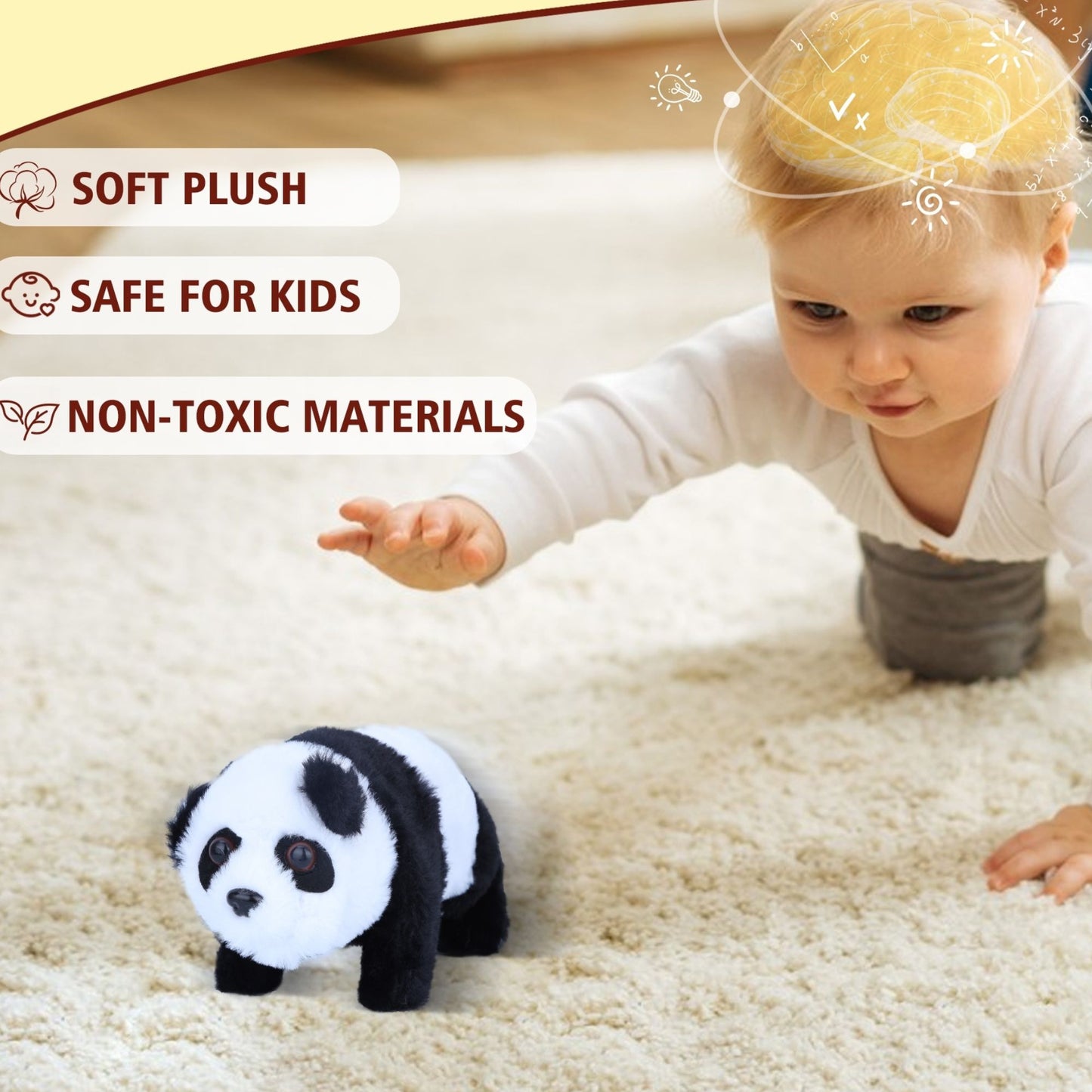 Interactive Walking Panda Plush Toy with Sound & Nodding Head – 7'' Soft Animated Stuffed Animal, Battery Operated Crawling Panda Gift for Toddlers, Kids, Boys & Girls