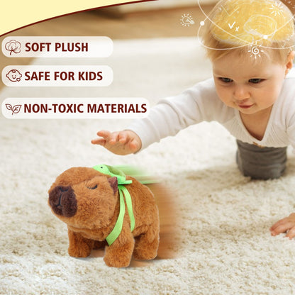 Brown Walking Capybara Plush – 6.3" Interactive Stuffed Animal with Removable Turtle Backpack, Sound & Movement | Soft Cute Gift for Kids