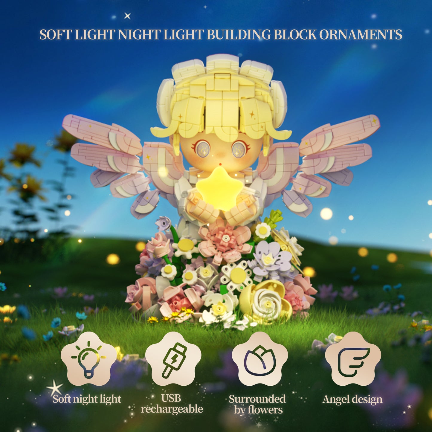 Angel Night Light Building Blocks Kit – USB Rechargeable LED Star Lamp with Flowers, Creative Home Decor & Romantic Gift for Kids & Adults