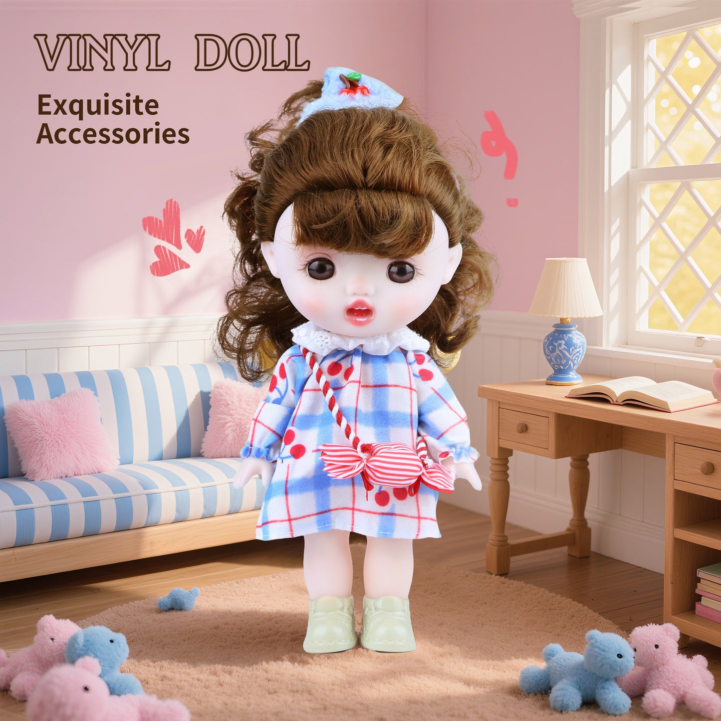 TaoTao Kawaii Vinyl Plush Doll 8.6" – Brown Curly Hair Princess with Blue Dress | Collectible Jointed Toy & Emotional Support Gift for Girls, Teens, Friends