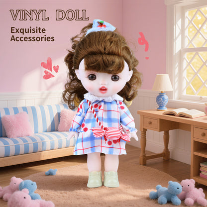 TaoTao Kawaii Vinyl Plush Doll 8.6" – Brown Curly Hair Princess with Blue Dress | Collectible Jointed Toy & Emotional Support Gift for Girls, Teens, Friends