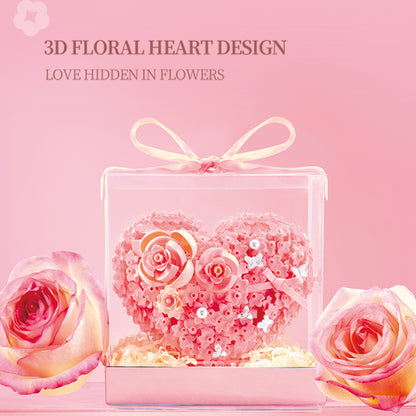 Pink Floral Heart Building Blocks with Clear Gift Box – Romantic DIY Rose Heart Decoration, Valentine’s Day & Anniversary Gift for Her