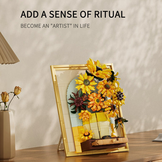 Van Gogh Inspired Sunflower Building Blocks with LED Light Frame & Hidden Drawer – Large DIY Flower Wall Art for Home Decoration & Creative Gift