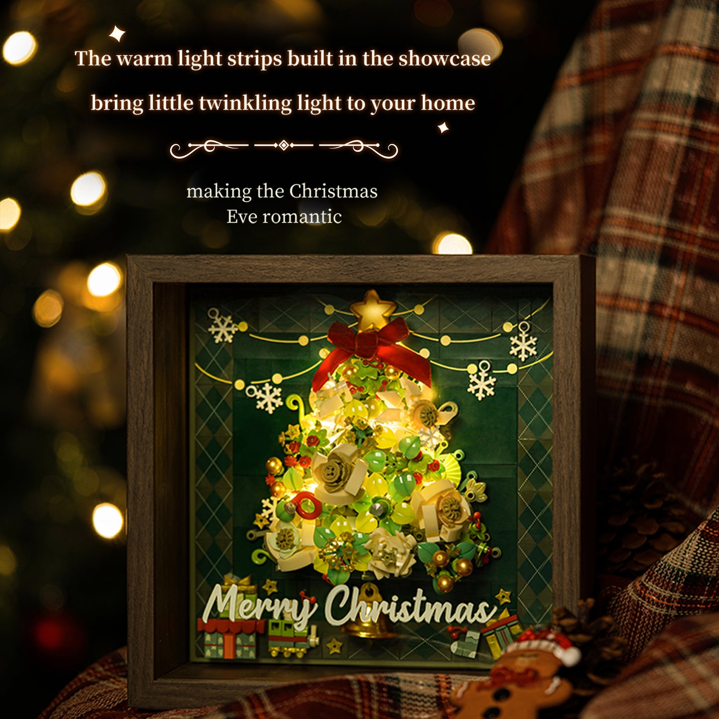 LED Christmas Tree Building Blocks with Wooden Frame – DIY Holiday Decoration Light-Up Showcase, Creative Christmas Gift for Adults & Teens