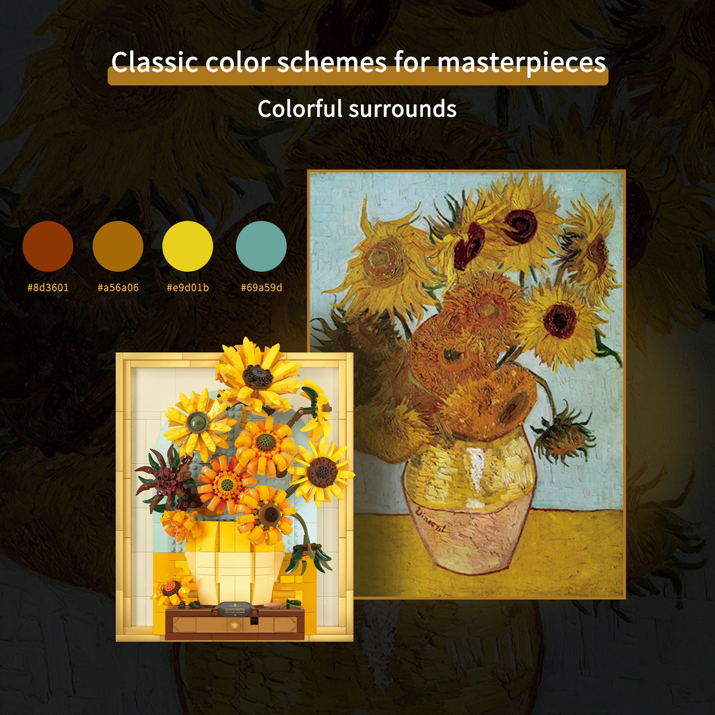 Van Gogh Inspired Sunflower Building Blocks with LED Light Frame & Hidden Drawer – Large DIY Flower Wall Art for Home Decoration & Creative Gift