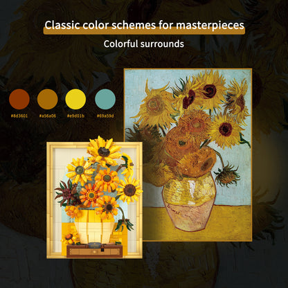 Van Gogh Inspired Sunflower Building Blocks with LED Light Frame & Hidden Drawer – Large DIY Flower Wall Art for Home Decoration & Creative Gift