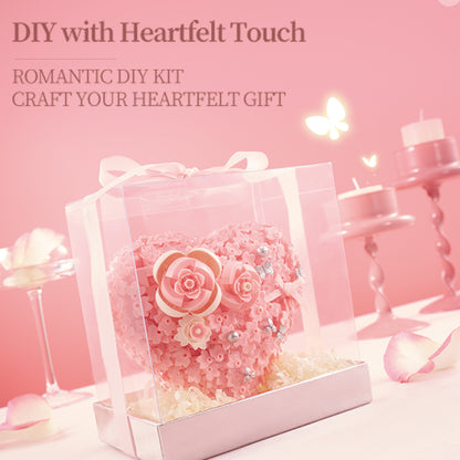 Pink Floral Heart Building Blocks with Clear Gift Box – Romantic DIY Rose Heart Decoration, Valentine’s Day & Anniversary Gift for Her
