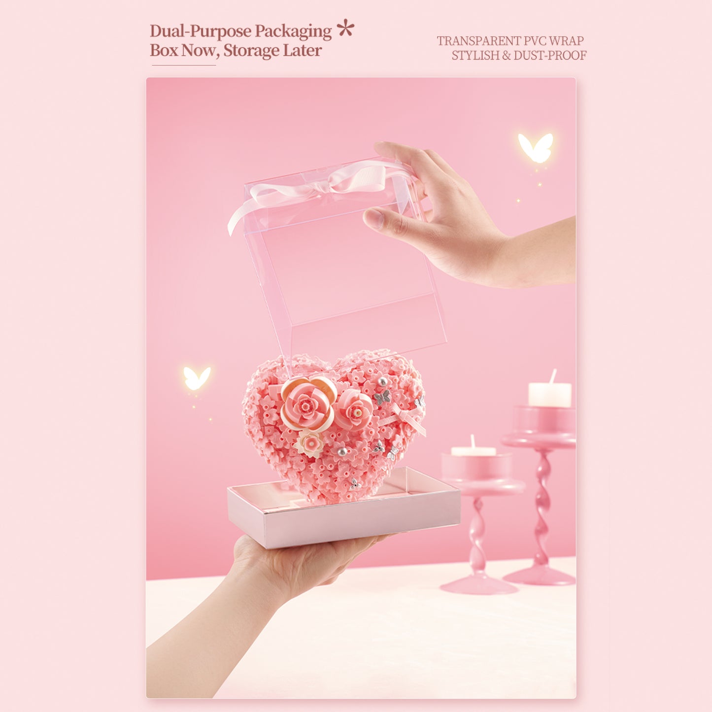 Pink Floral Heart Building Blocks with Clear Gift Box – Romantic DIY Rose Heart Decoration, Valentine’s Day & Anniversary Gift for Her