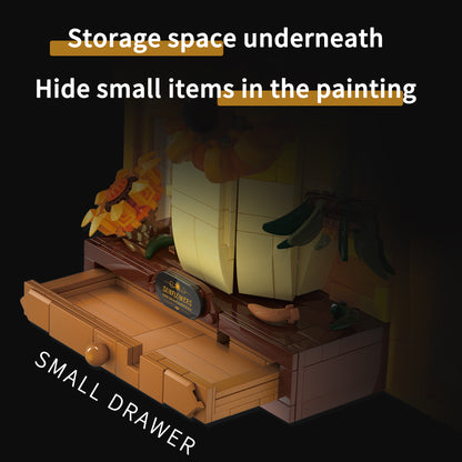 Van Gogh Inspired Sunflower Building Blocks with LED Light Frame & Hidden Drawer – Large DIY Flower Wall Art for Home Decoration & Creative Gift