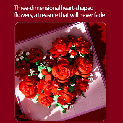 Heart-Shaped Red Rose Building Blocks with Wooden Frame & LED Lights – Romantic Valentine’s Day Gift, DIY Flower Building Set for Home Decoration