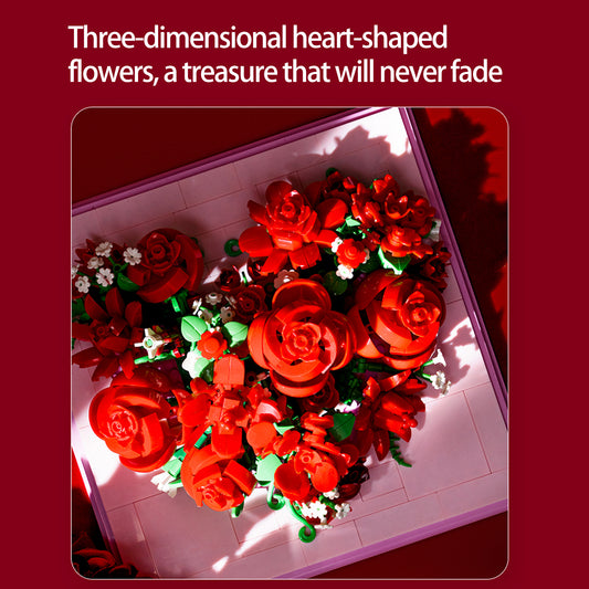 Heart-Shaped Red Rose Building Blocks with Wooden Frame & LED Lights – Romantic Valentine’s Day Gift, DIY Flower Building Set for Home Decoration