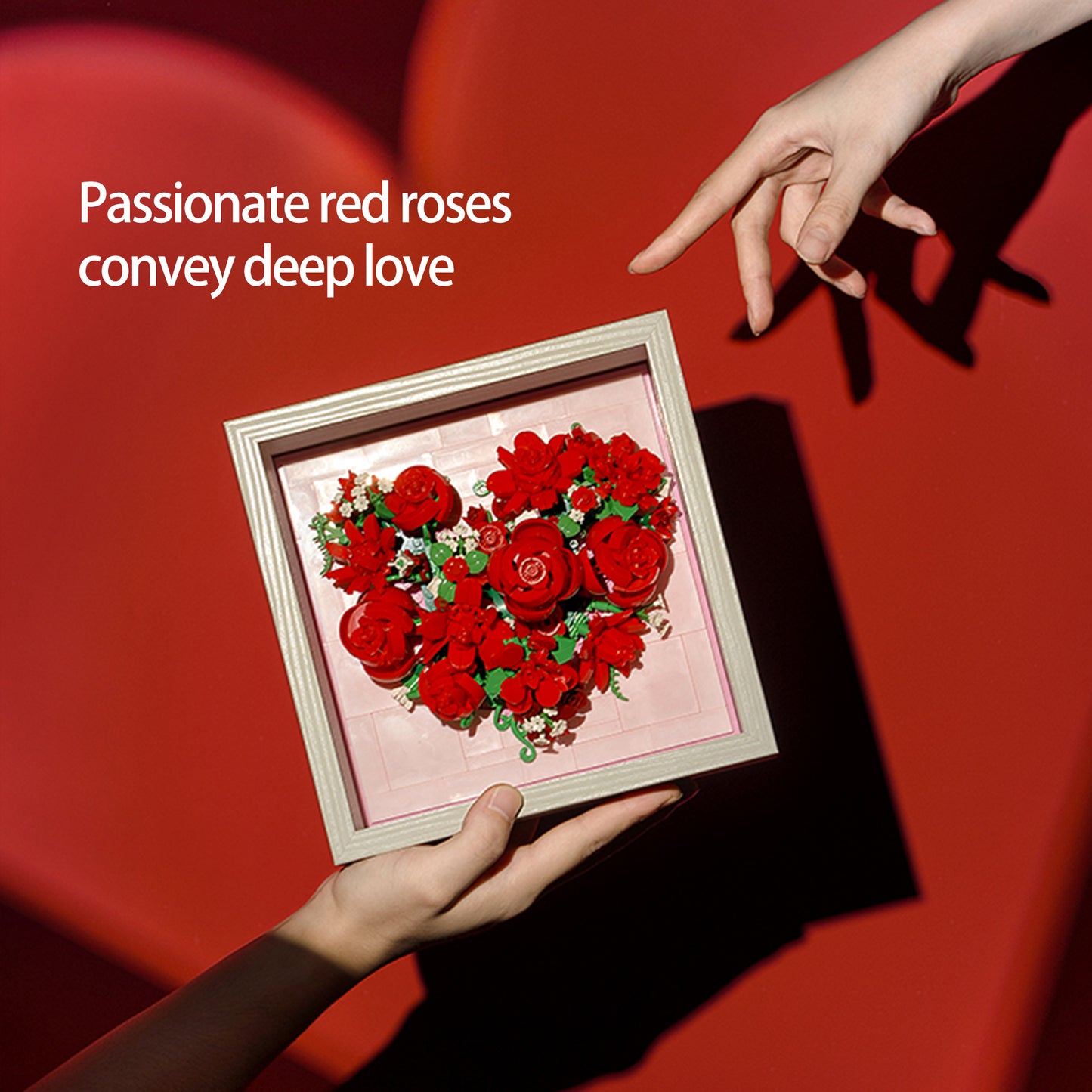 Heart-Shaped Red Rose Building Blocks with Wooden Frame & LED Lights – Romantic Valentine’s Day Gift, DIY Flower Building Set for Home Decoration