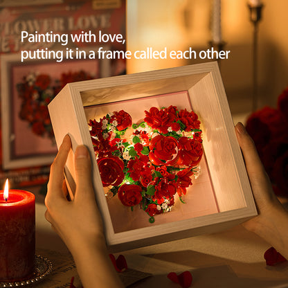 Heart-Shaped Red Rose Building Blocks with Wooden Frame & LED Lights – Romantic Valentine’s Day Gift, DIY Flower Building Set for Home Decoration