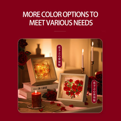 Heart-Shaped Red Rose Building Blocks with Wooden Frame & LED Lights – Romantic Valentine’s Day Gift, DIY Flower Building Set for Home Decoration