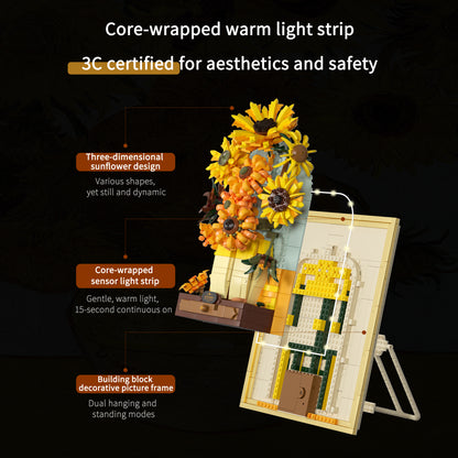 Van Gogh Inspired Sunflower Building Blocks with LED Light Frame & Hidden Drawer – Large DIY Flower Wall Art for Home Decoration & Creative Gift
