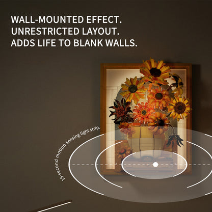 Van Gogh Inspired Sunflower Building Blocks with LED Light Frame & Hidden Drawer – Large DIY Flower Wall Art for Home Decoration & Creative Gift