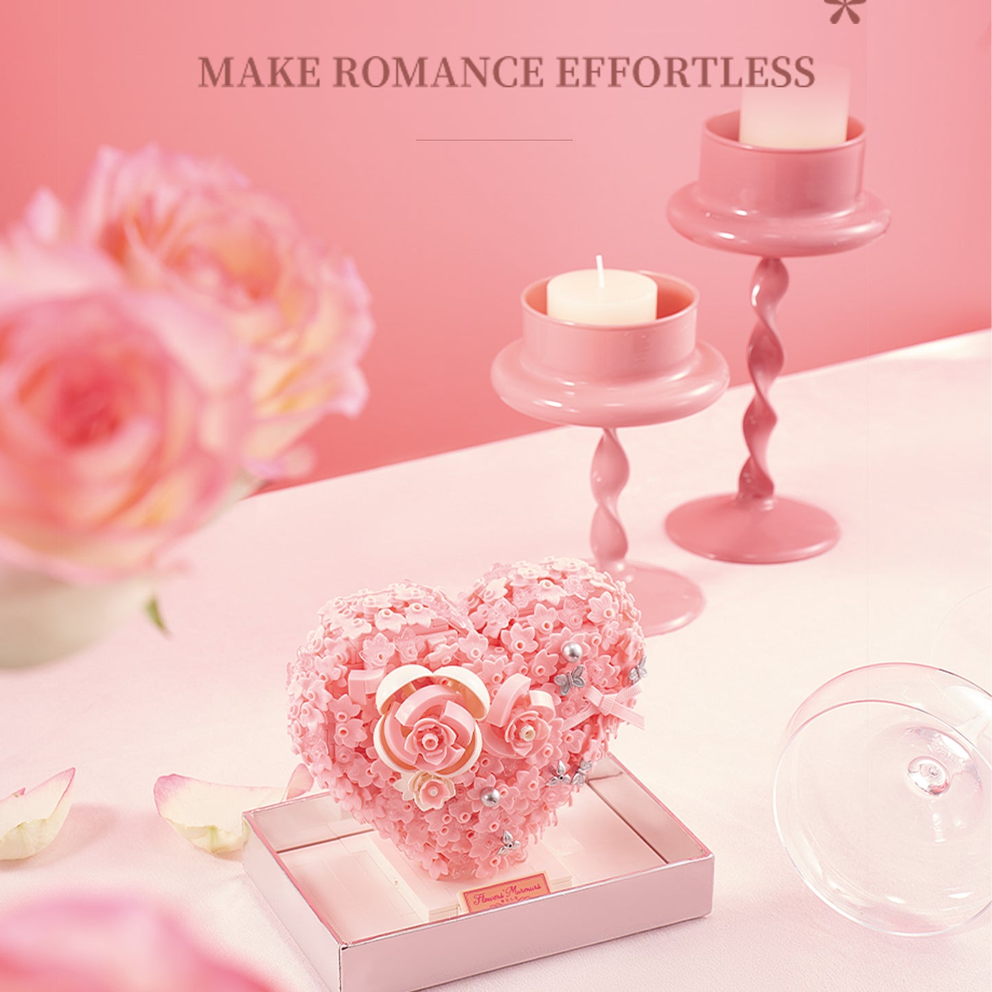 Pink Floral Heart Building Blocks with Clear Gift Box – Romantic DIY Rose Heart Decoration, Valentine’s Day & Anniversary Gift for Her