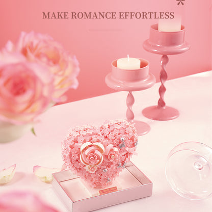 Pink Floral Heart Building Blocks with Clear Gift Box – Romantic DIY Rose Heart Decoration, Valentine’s Day & Anniversary Gift for Her