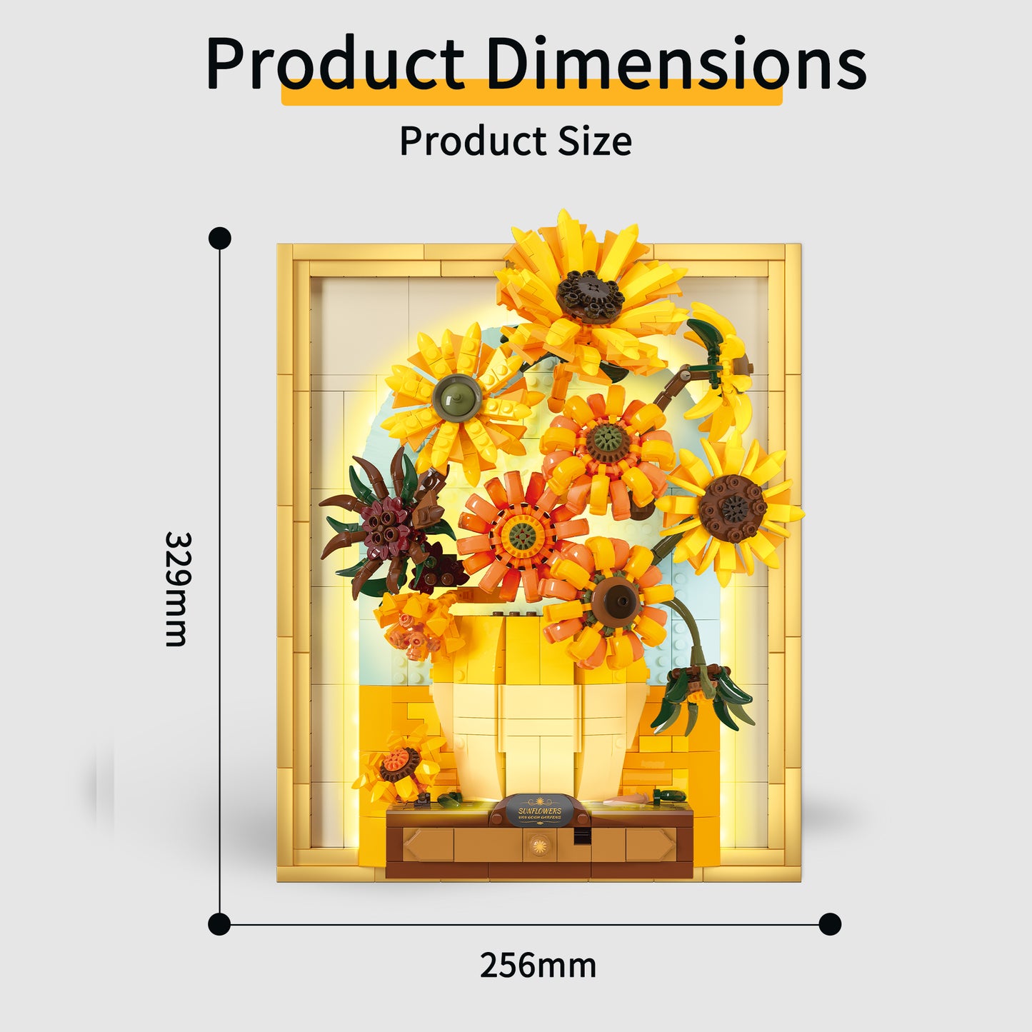 Van Gogh Inspired Sunflower Building Blocks with LED Light Frame & Hidden Drawer – Large DIY Flower Wall Art for Home Decoration & Creative Gift
