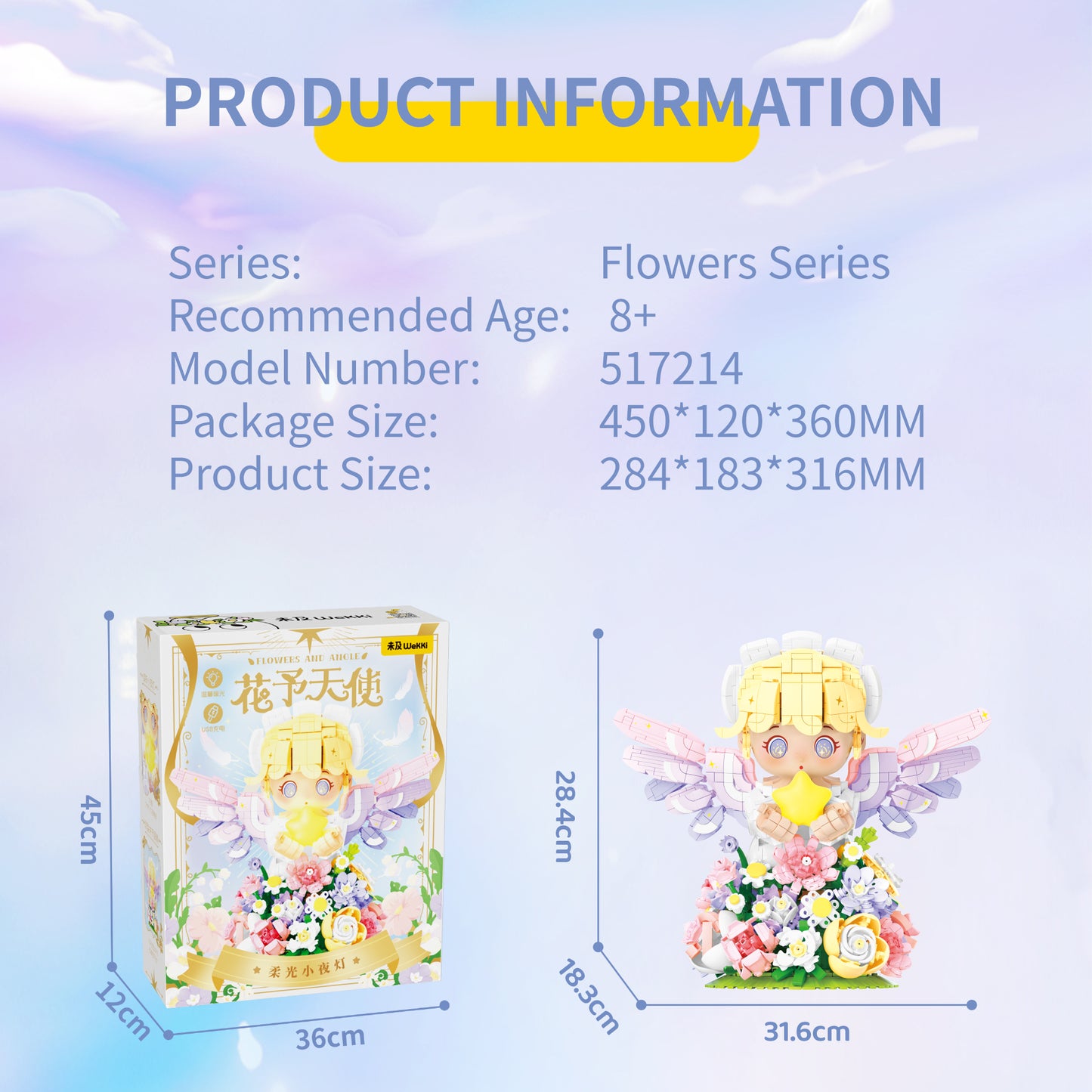 Angel Night Light Building Blocks Kit – USB Rechargeable LED Star Lamp with Flowers, Creative Home Decor & Romantic Gift for Kids & Adults