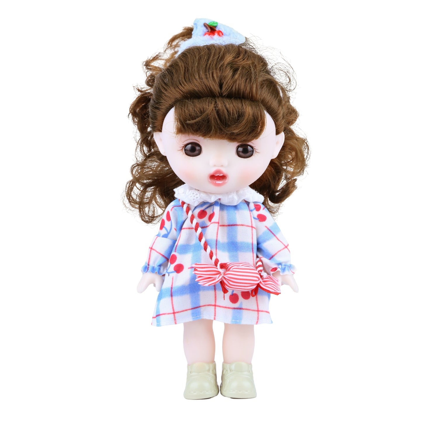 TaoTao Kawaii Vinyl Plush Doll 8.6" – Brown Curly Hair Princess with Blue Dress | Collectible Jointed Toy & Emotional Support Gift for Girls, Teens, Friends