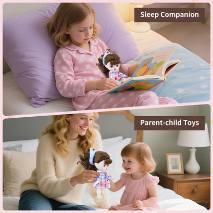 TaoTao Kawaii Vinyl Plush Doll 8.6" – Brown Curly Hair Princess with Blue Dress | Collectible Jointed Toy & Emotional Support Gift for Girls, Teens, Friends