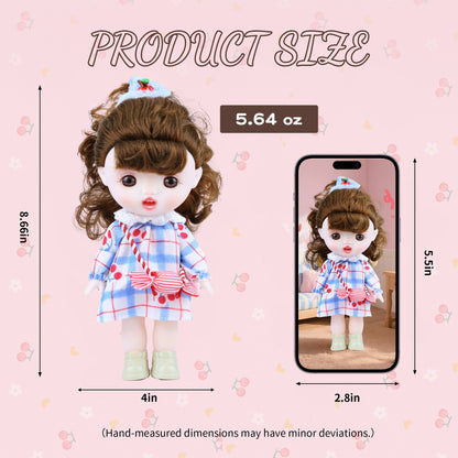 TaoTao Kawaii Vinyl Plush Doll 8.6" – Brown Curly Hair Princess with Blue Dress | Collectible Jointed Toy & Emotional Support Gift for Girls, Teens, Friends