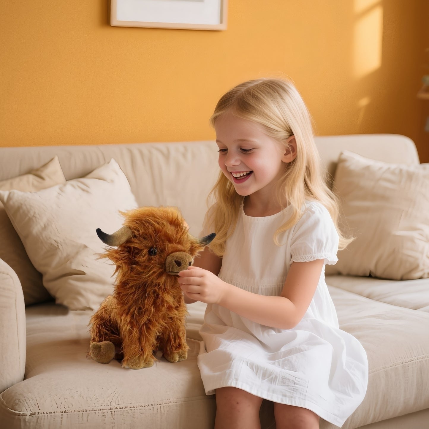 Brown Highland Cow Stuffed Animal Plush – 11" Realistic Weighted Highland Cow Plushie Toy, Cute Longhorn Cow Stuffed Animal Gift for Kids & Adults, Rustic Farmhouse Decor & Calming Companion