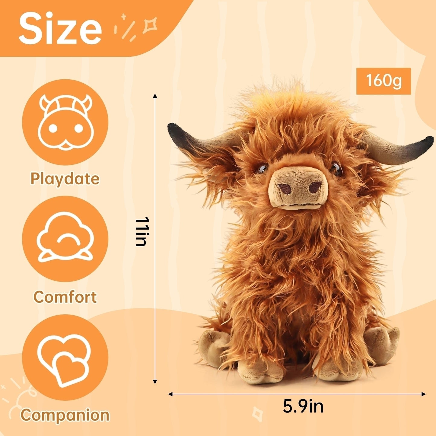 Brown Highland Cow Stuffed Animal Plush – 11" Realistic Weighted Highland Cow Plushie Toy, Cute Longhorn Cow Stuffed Animal Gift for Kids & Adults, Rustic Farmhouse Decor & Calming Companion