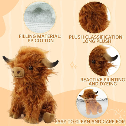 Brown Highland Cow Stuffed Animal Plush – 11" Realistic Weighted Highland Cow Plushie Toy, Cute Longhorn Cow Stuffed Animal Gift for Kids & Adults, Rustic Farmhouse Decor & Calming Companion