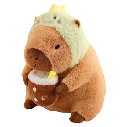 11.8" Kawaii Capybara Plush Toy – Cute Capybara Stuffed Animal with Milk Tea & Dinosaur Headgear, Soft Kapibara Plushie Gift for Kids & Collectors
