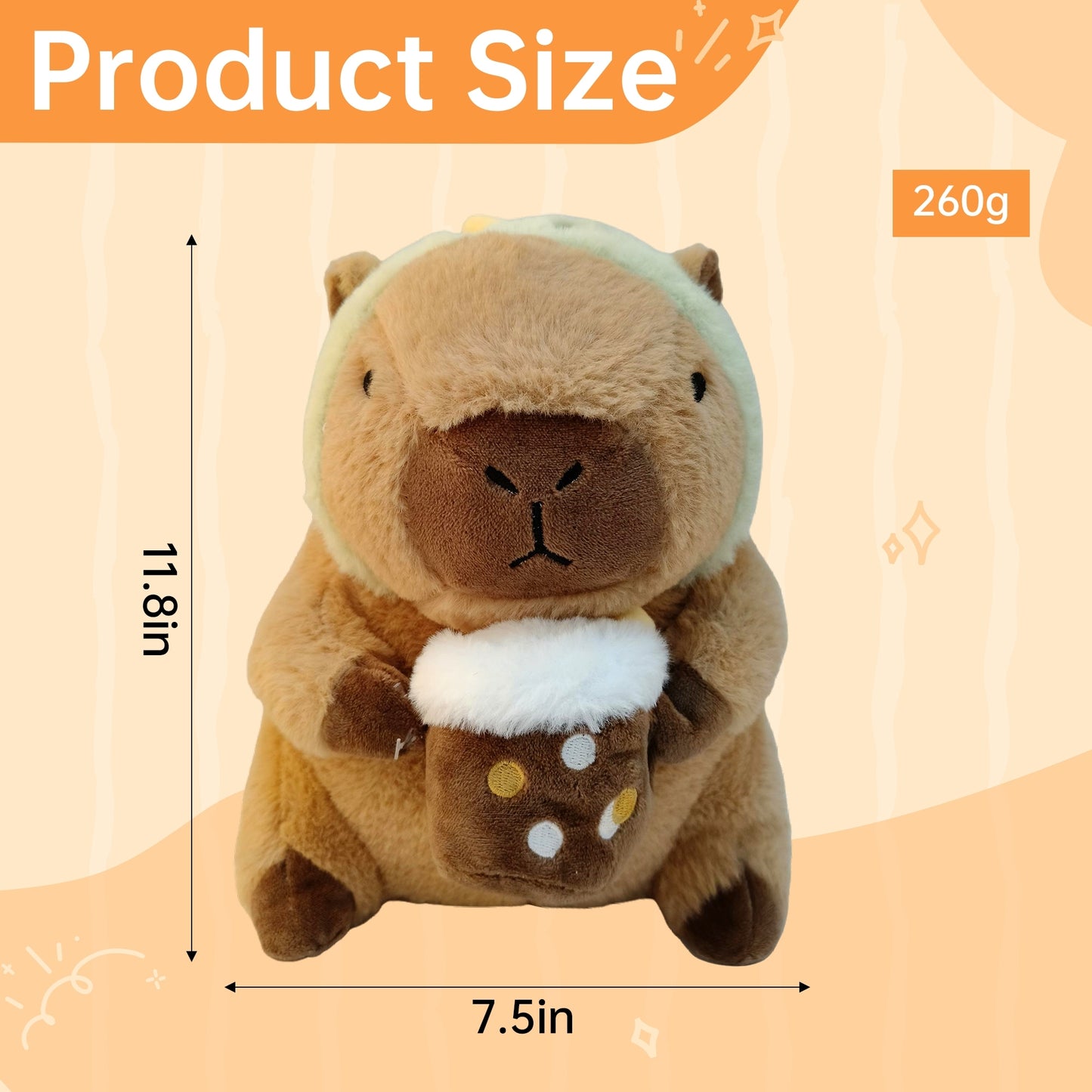 11.8" Kawaii Capybara Plush Toy – Cute Capybara Stuffed Animal with Milk Tea & Dinosaur Headgear, Soft Kapibara Plushie Gift for Kids & Collectors