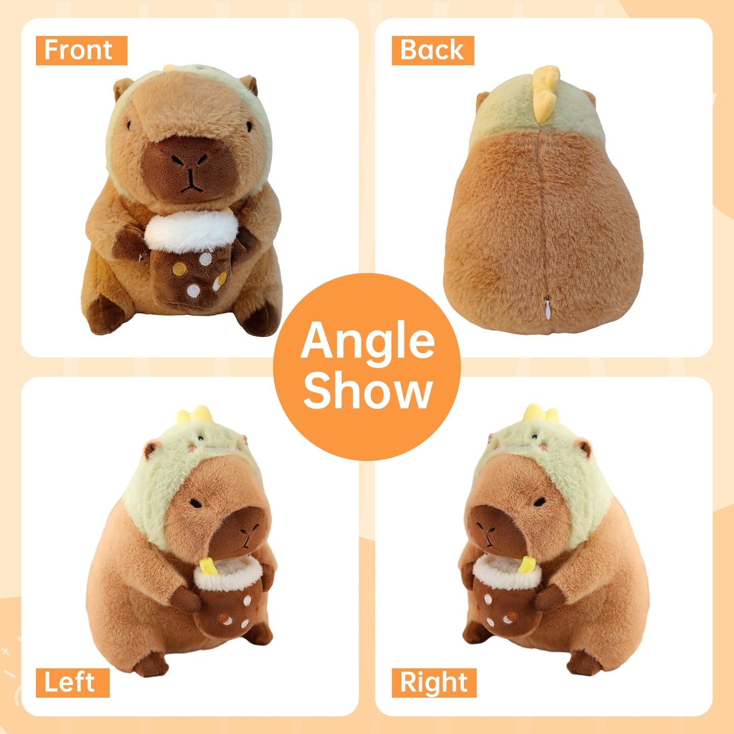 11.8" Kawaii Capybara Plush Toy – Cute Capybara Stuffed Animal with Milk Tea & Dinosaur Headgear, Soft Kapibara Plushie Gift for Kids & Collectors