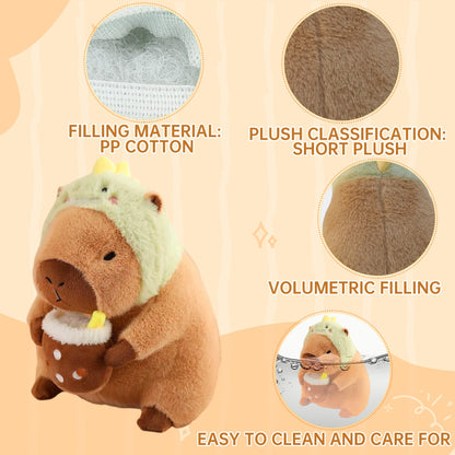 11.8" Kawaii Capybara Plush Toy – Cute Capybara Stuffed Animal with Milk Tea & Dinosaur Headgear, Soft Kapibara Plushie Gift for Kids & Collectors