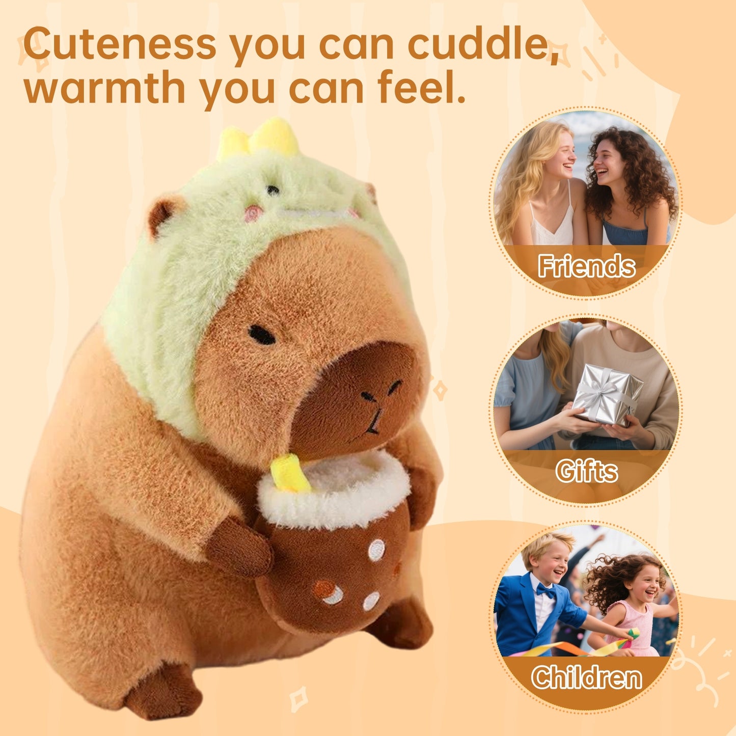 11.8" Kawaii Capybara Plush Toy – Cute Capybara Stuffed Animal with Milk Tea & Dinosaur Headgear, Soft Kapibara Plushie Gift for Kids & Collectors