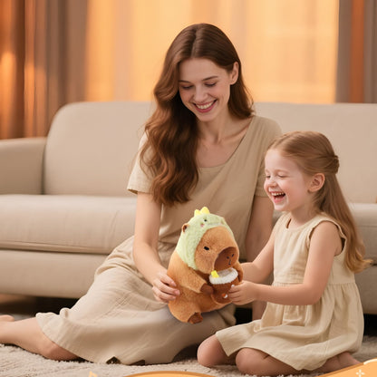 11.8" Kawaii Capybara Plush Toy – Cute Capybara Stuffed Animal with Milk Tea & Dinosaur Headgear, Soft Kapibara Plushie Gift for Kids & Collectors