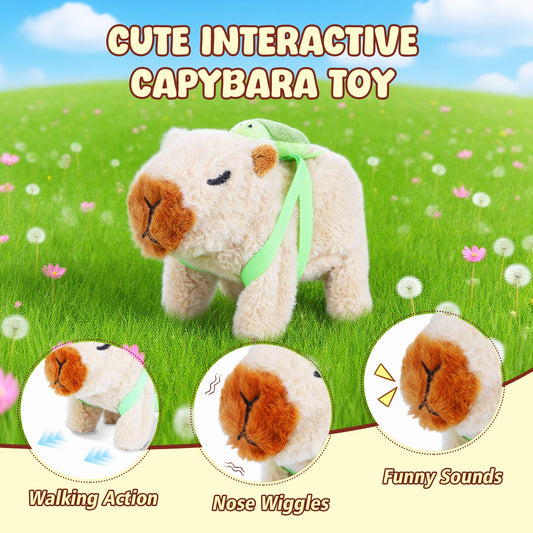 Electronic Walking Capybara Plush Toy with Turtle Shell Backpack – Interactive Capybara Stuffed Animal with Sounds & Nose Wiggle | Cute Capybara Gifts for Kids & Plush Lovers
