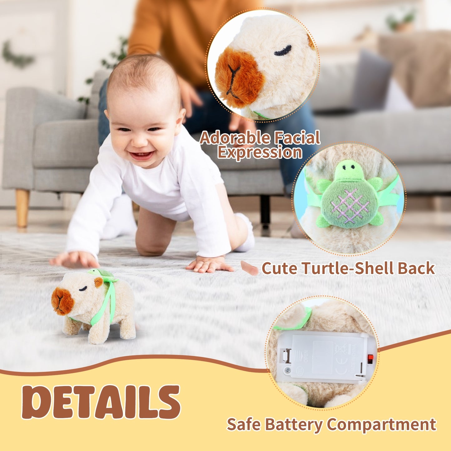 Electronic Walking Capybara Plush Toy with Turtle Shell Backpack – Interactive Capybara Stuffed Animal with Sounds & Nose Wiggle | Cute Capybara Gifts for Kids & Plush Lovers